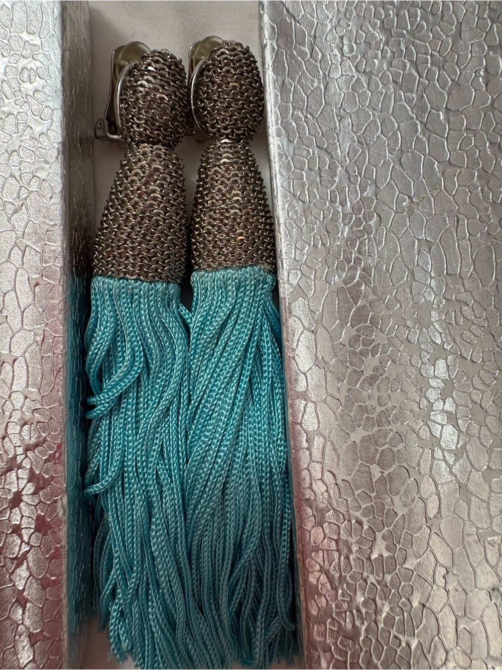 Oscar de la renta Tassel Drop Earrings in Teal with Metallic Chain Detail